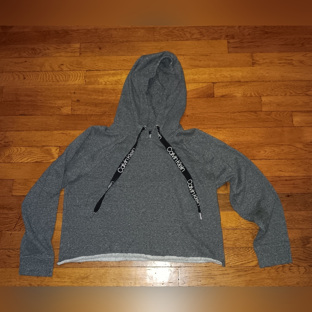 Calvin Klein Charcoal Gray Hooded Cropped Sweater with Logo Drawstrings